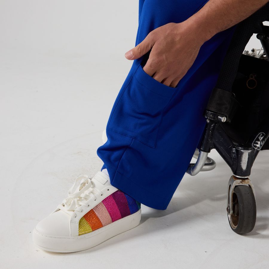 Close-up of a patch pocket on the royal blue jersey culottes.  