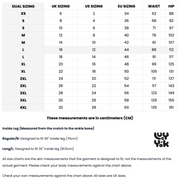 Lucy and Yak size guide - black text on a white background