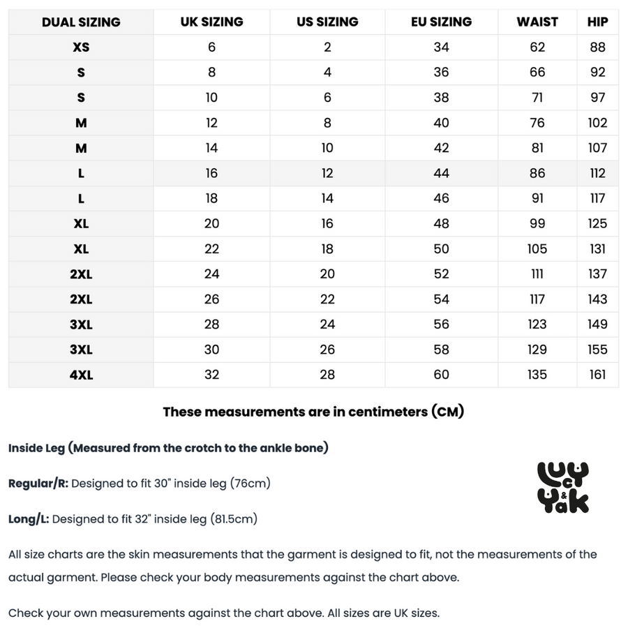 Lucy and Yak size guide - black text on a white background