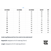 Lucy and Yak size guide. Black text on a white background