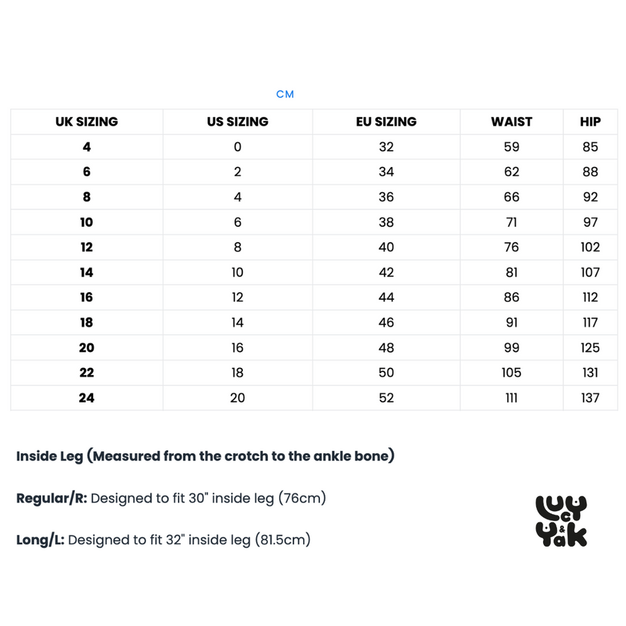 Lucy and Yak size guide. Black text on a white background